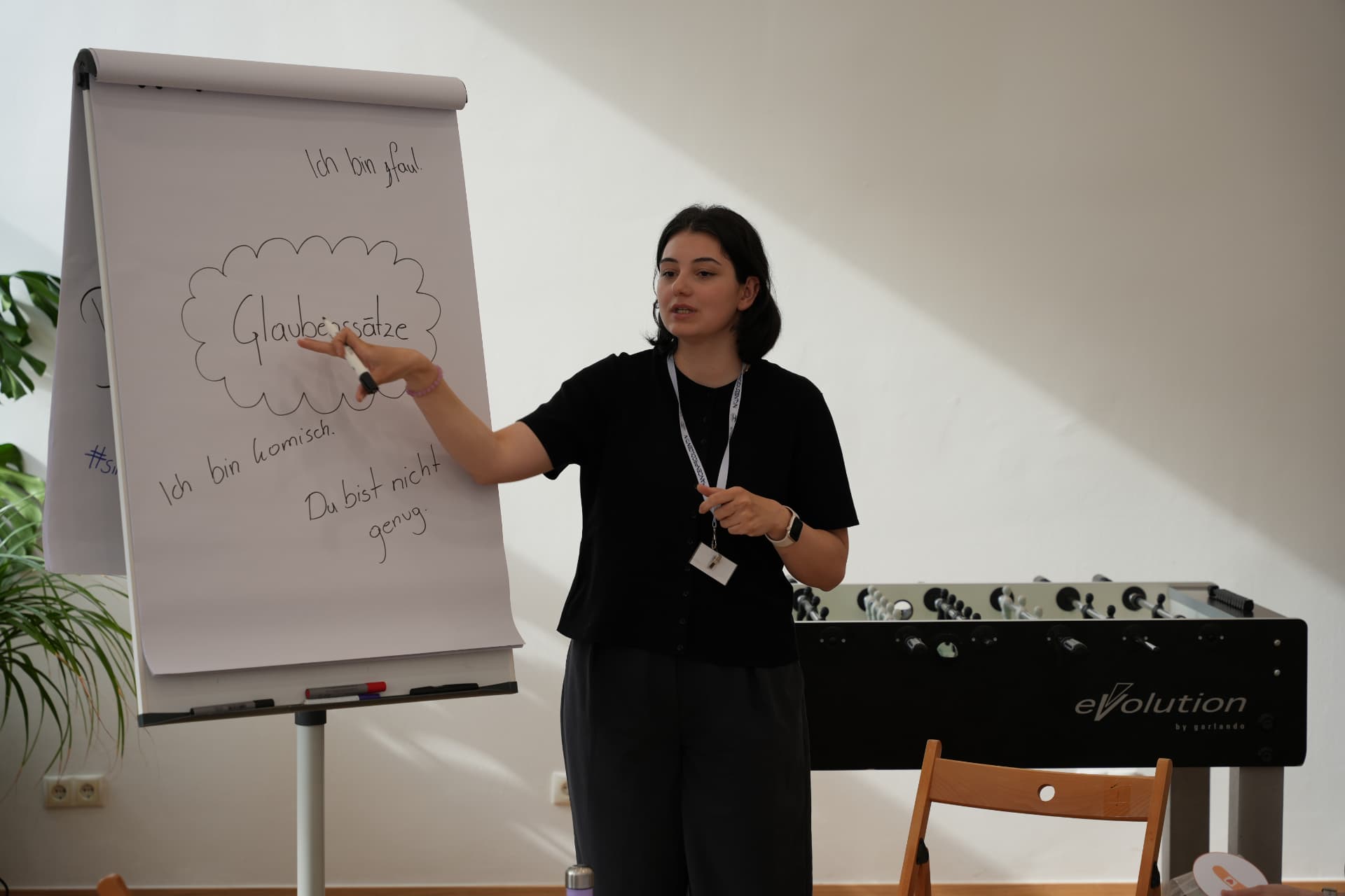Trainerin erklärt Glaubenssätze am Flipchart im Workshop